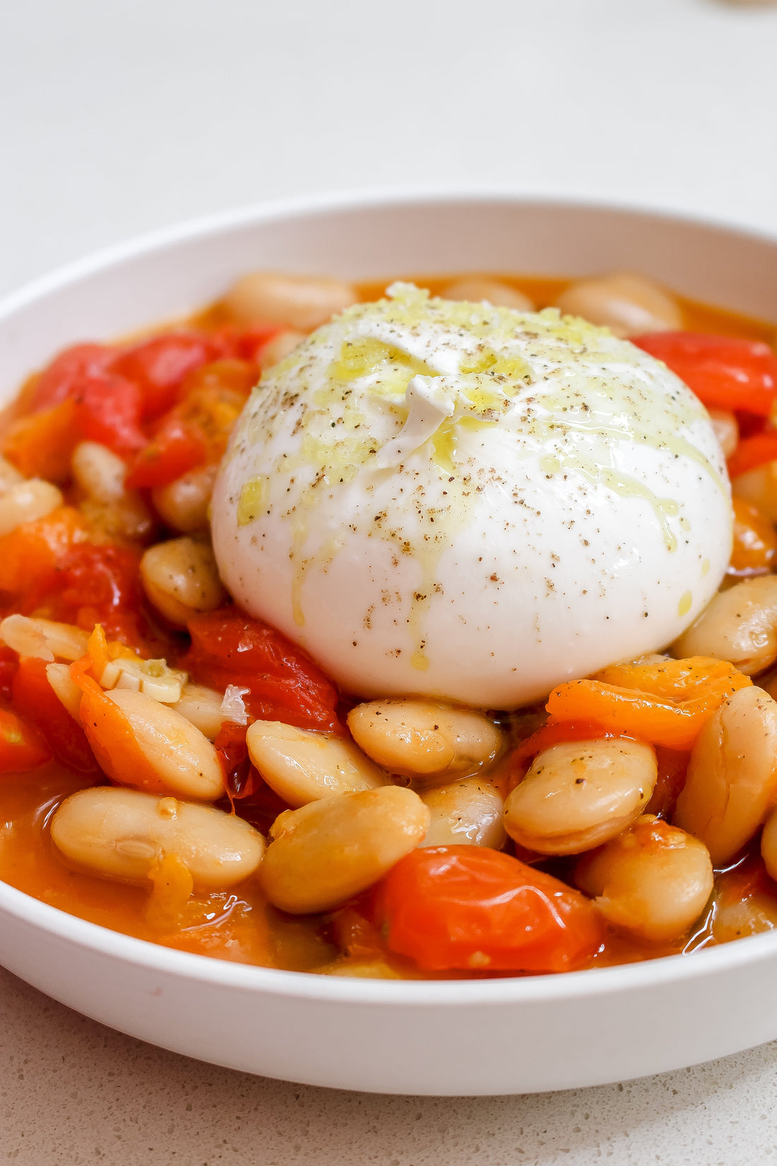 Tomato garlic beans burrata explosion