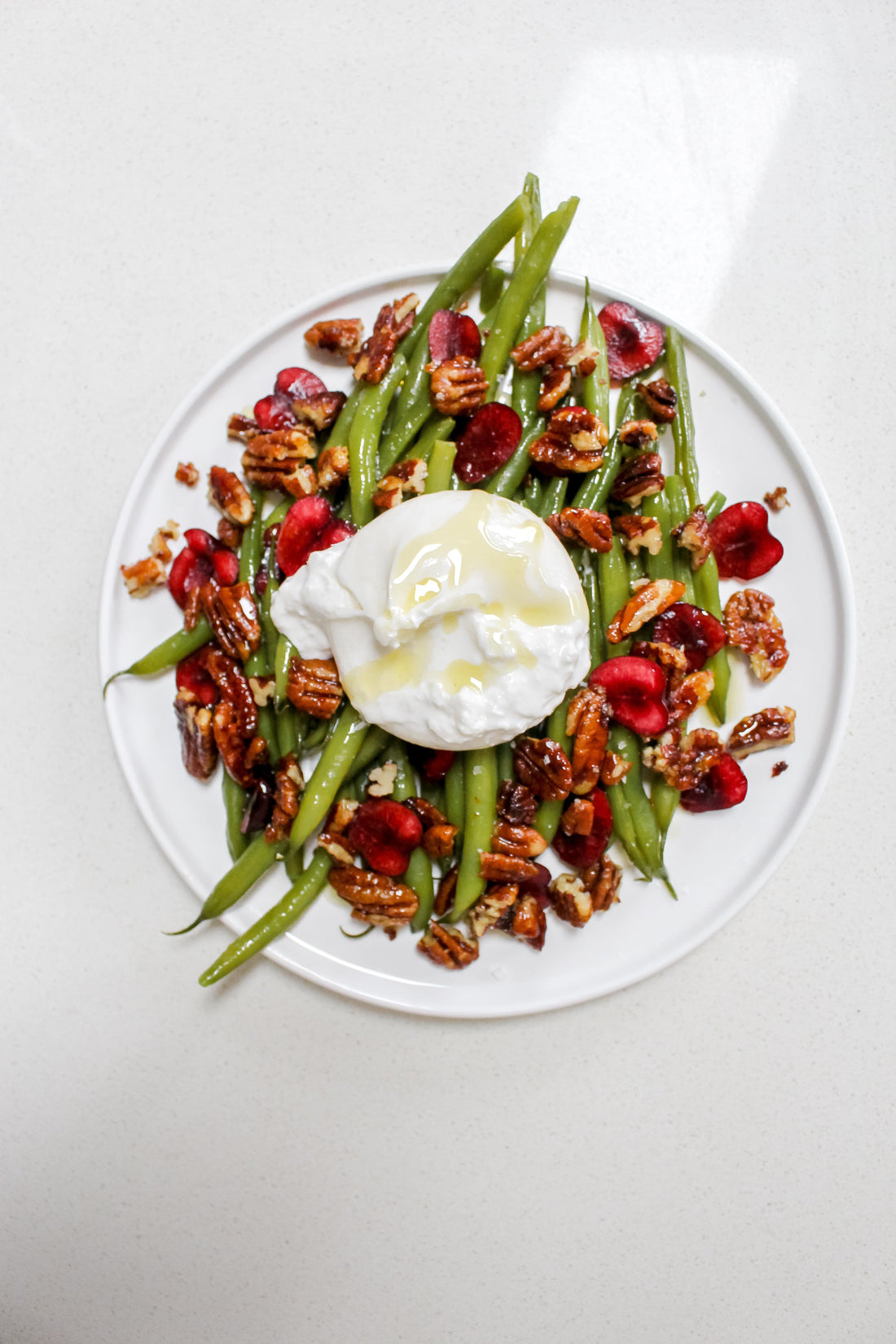 Burrata with Green Beans, Cherries + Candied Pecans